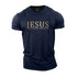 A navy blue crew neck t-shirt with the text 'JESUS the way, the truth, the life' printed in gold on the front.